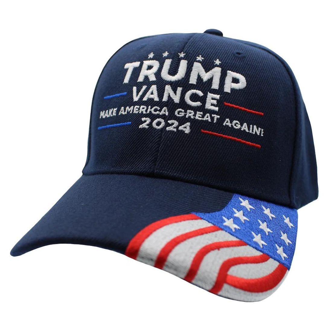 Trump Vance 2024 Make America Great Again Embroidered Hat w/Flag Bill (Navy)