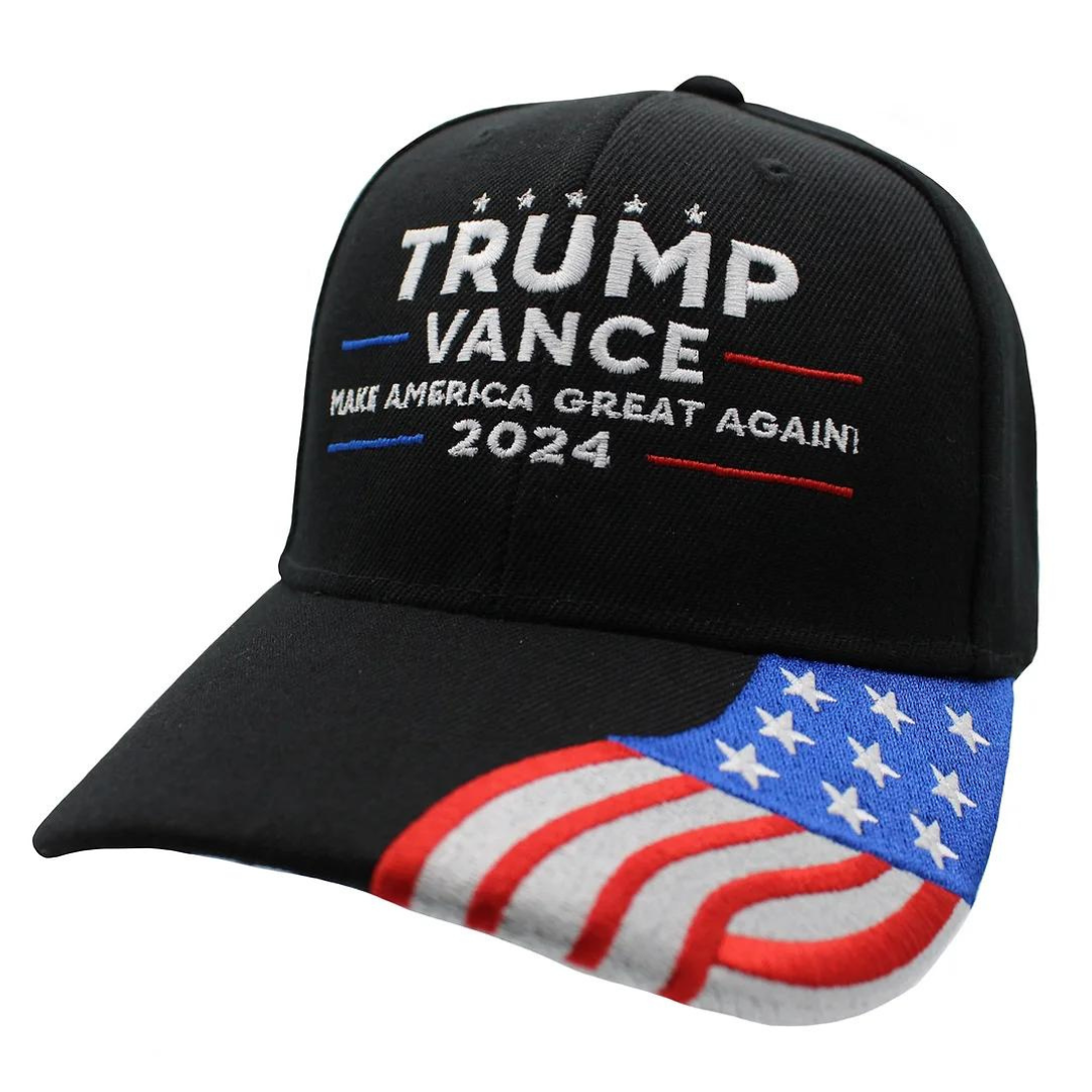 Trump Vance 2024 Make America Great Again Embroidered Hat w/Flag Bill (Black)