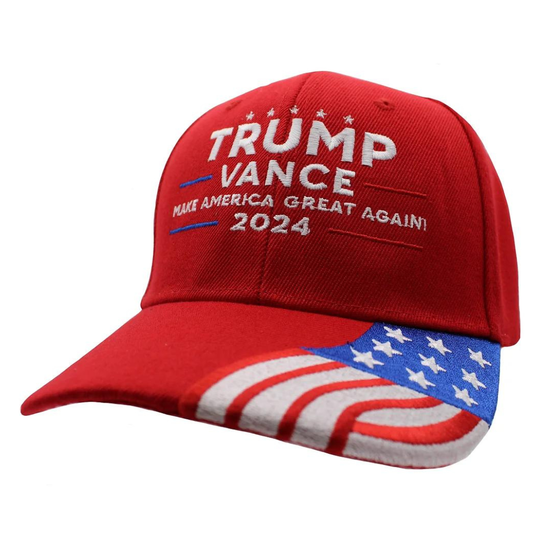 Trump Vance 2024 Make America Great Again Embroidered Hat w/Flag Bill (Red)