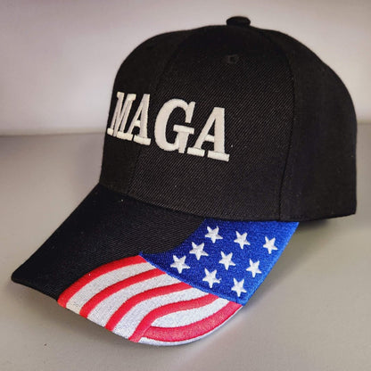 MAGA Custom Embroidered Hat w/Flag Bill (Black)