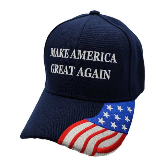 Make America Great Again Custom Embroidered Hat w/ Flag Bill (Navy)