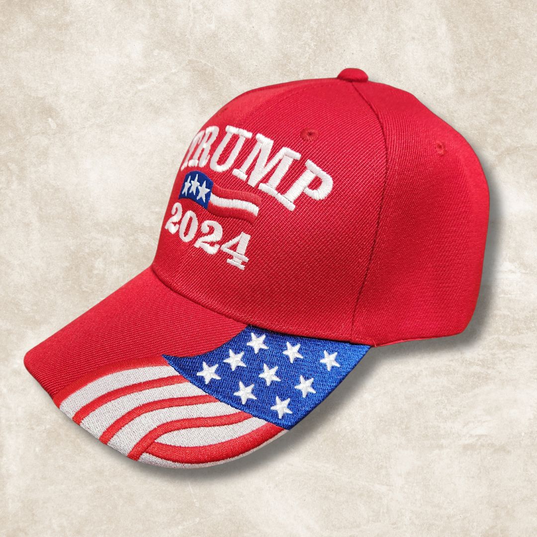 Trump 2024 Custom Embroidered Hat w/Flag Bill (Red)