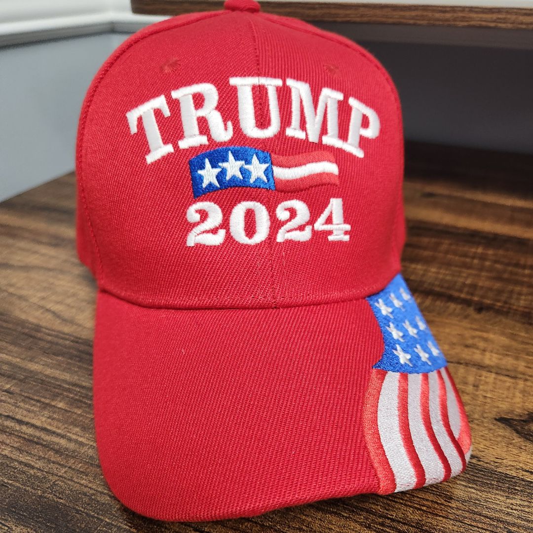 Trump 2024 Custom Embroidered Hat w/Flag Bill (Red)