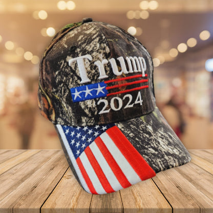 Trump 2024 Hunting Camo Hat w/ Flag Bill (Custom Embroidered)